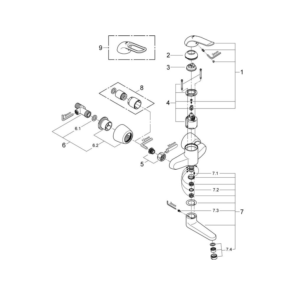 Grohe EuroPro 1-Loch-Einhand-Waschtischbatterie, Wandmontage, absperrbar, S-Anschlüsse,... GROHE-32771000 4005176871719 (Abb. 6)
