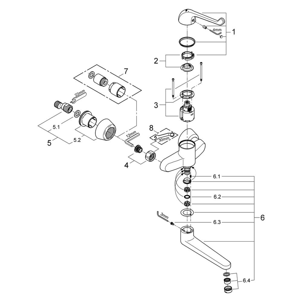 Grohe Eurosmart Care Einhand-Sicherheitsmisch-Waschtischbatterie, Wandmontage, Hebellän... GROHE-32793000 4005176871931 (Abb. 5)