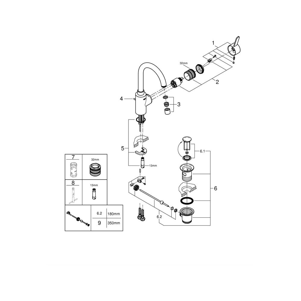 Grohe Eurosmart Cosmopolitan Einhand-Waschtischbatterie, L-Size, 1 1/4" Zugstangen-Garn... GROHE-32830001 4005176472749 (Abb. 8)