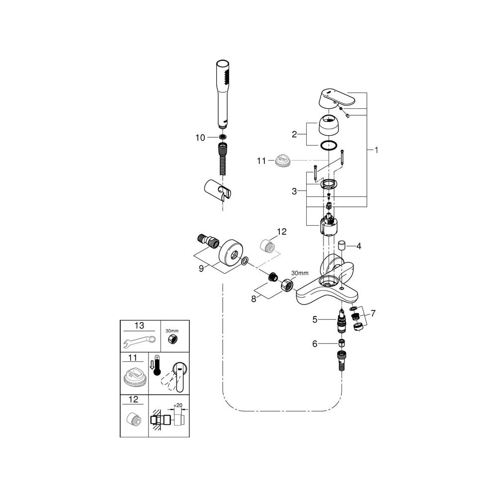 Grohe Eurosmart Cosmopolitan Einhand-Wannenbatterie, Wandmontage, mit Brausegarnitur, C... GROHE-32832000 4005176874710 (Abb. 7)