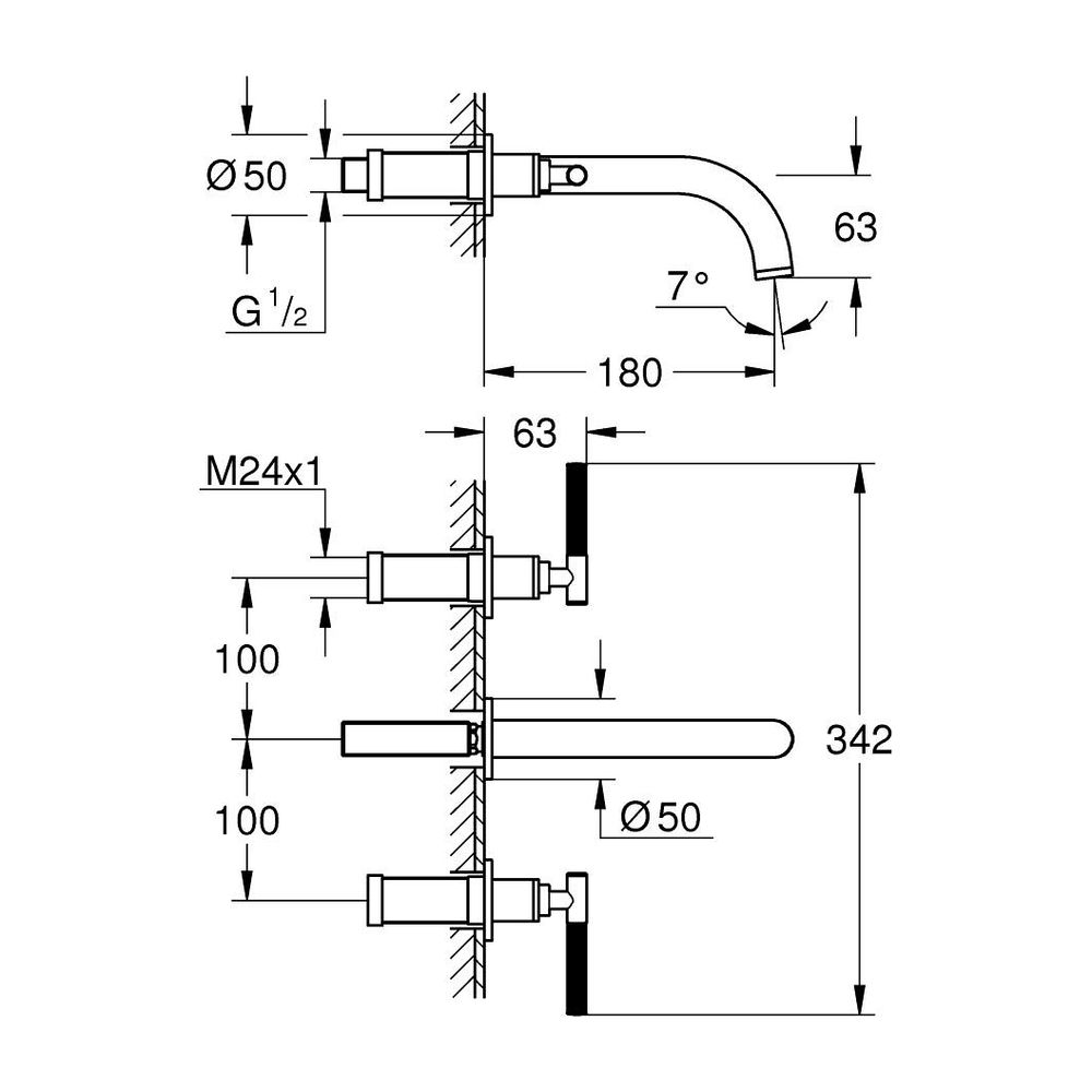 Grohe Atrio PC 3-Loch-Waschtisch-Wandbatterie Supersteel, Fertigset für Hebelgriffe, St... GROHE-20587DC0 4005176511974 (Abb. 3)