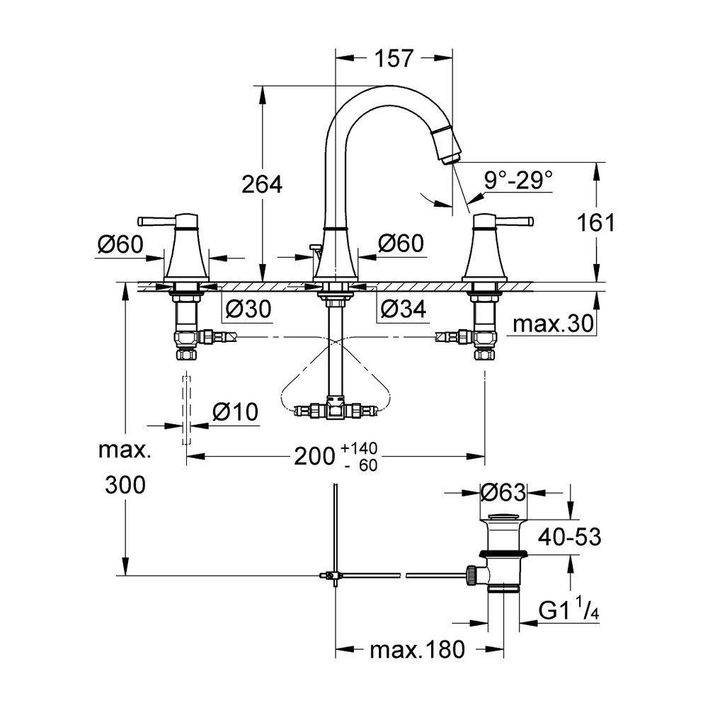 Grohe Grandera 3-Loch-Waschtischbatterie hoher Auslauf, Chrom, 1 1/4" Zugstangen-Garnit... GROHE-20619000 4005176757921 (Abb. 5)