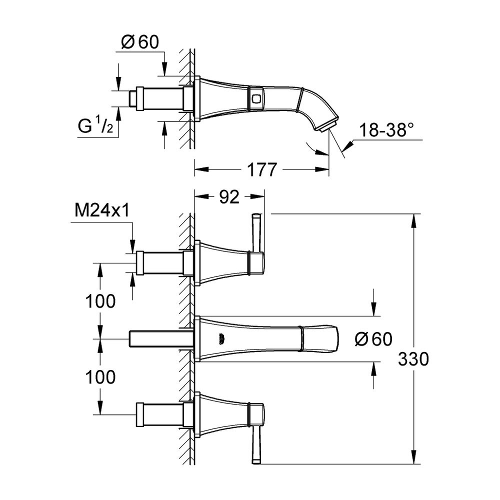 Grohe Grandera 3-Loch-Waschtischbatterie, Wandmontage, Ausladung 177mm, Chrom, Fertigmo... GROHE-20622000 4005176757976 (Abb. 6)