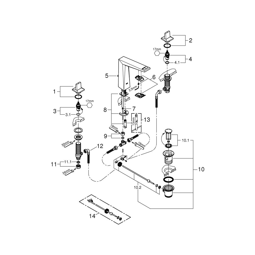 Grohe Allure Brilliant 3-Loch-Waschtischbatterie, Hard Graphite gebürstet, Garnitur 1 1... GROHE-20627AL0 4005176760181 (Abb. 7)
