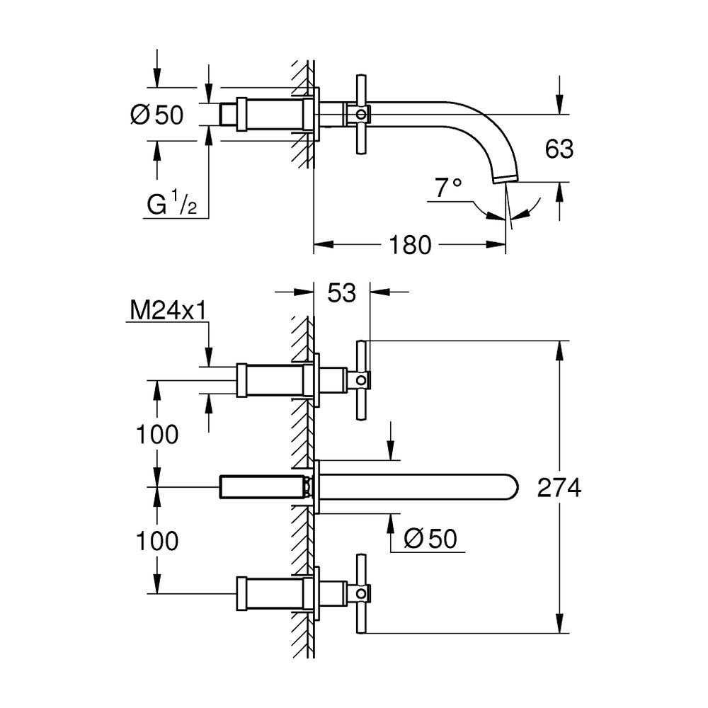 Grohe Atrio 3-Loch-Waschtischbatterie Chrom, Fertigmontageset, mit Kreuzgriffen, Wandmo... GROHE-20661000 4005176763090 (Abb. 5)