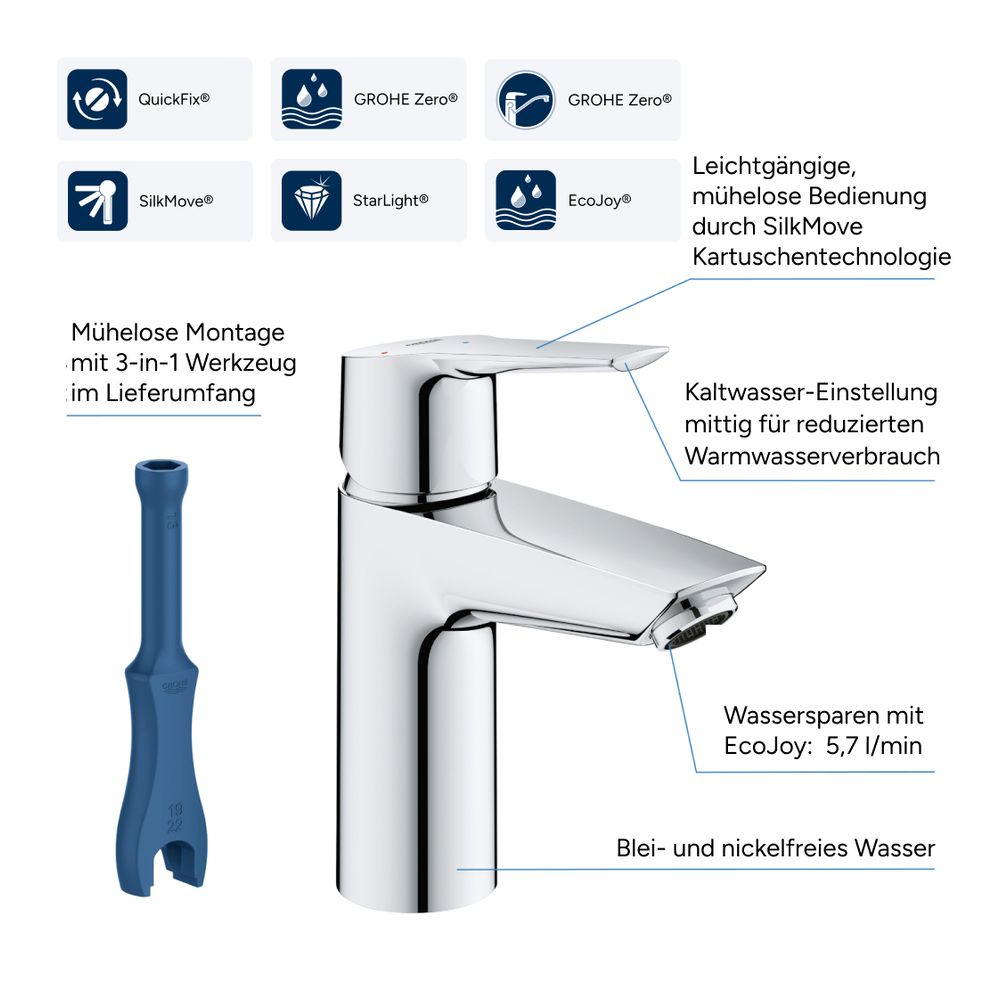 Grohe Start Einhand-Waschtischbatterie, 1/2", M-Size, mit QuickFix, Chrom, 23552002... GROHE-23552002 4005176624124 (Abb. 5)