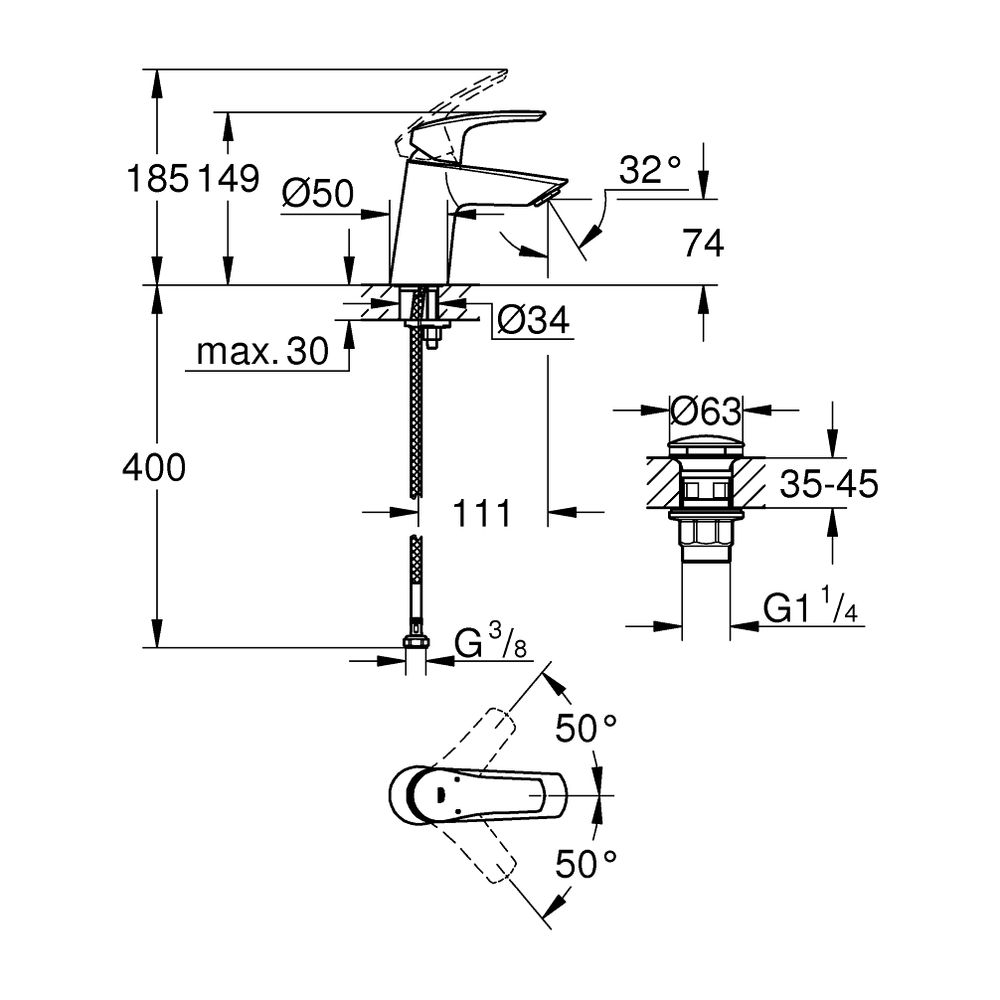 Grohe Eurosmart Einhand-Waschtischbatterie, S-Size, geneigt Version, Chrom, glatter Kör... GROHE-23968003 4005176611575 (Abb. 3)