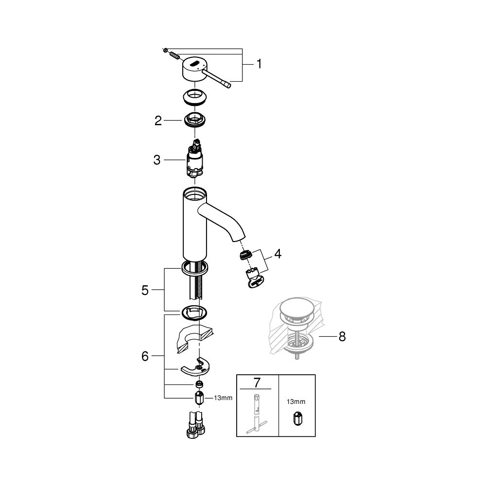 Grohe Essence Einhand-Waschtischbatterie, S-Size, glatter Körper, fester Auslauf, verst... GROHE-24172KF1 4005176782398 (Abb. 6)