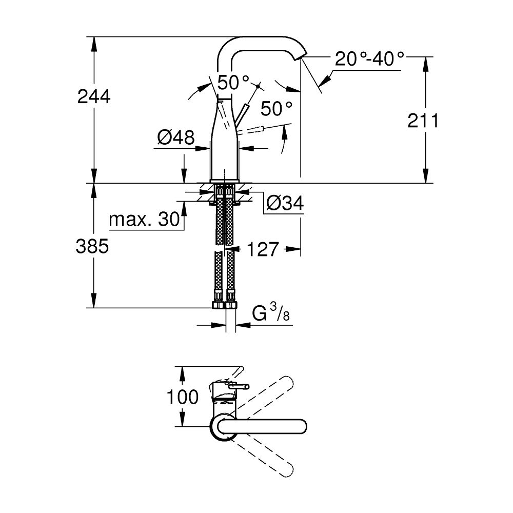Grohe Essence 1-Loch-Einhand-Waschtischbatterie L-Size, Phantom Black, glatter Körper, ... GROHE-24177KF1 4005176782350 (Abb. 6)