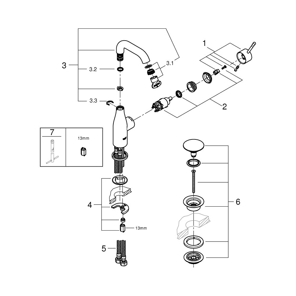 Grohe Essence 1-Loch-Einhand-Waschtischbatterie M-Size, Chrom, Push-Open-Garnitur, schw... GROHE-24181001 4005176698460 (Abb. 6)