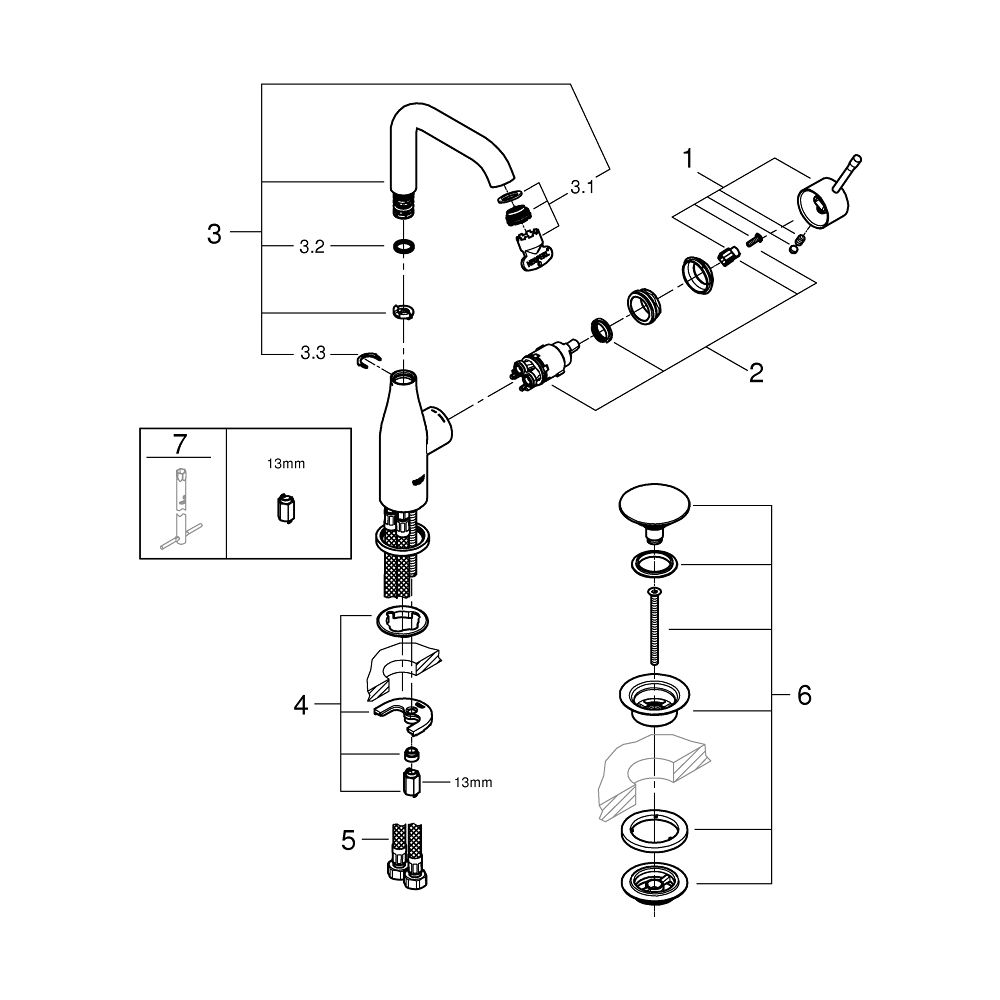 Grohe Essence 1-Loch-Einhand-Waschtischbatterie L-Size, Chrom, Push-Open-Garnitur, schw... GROHE-24182001 4005176698484 (Abb. 6)