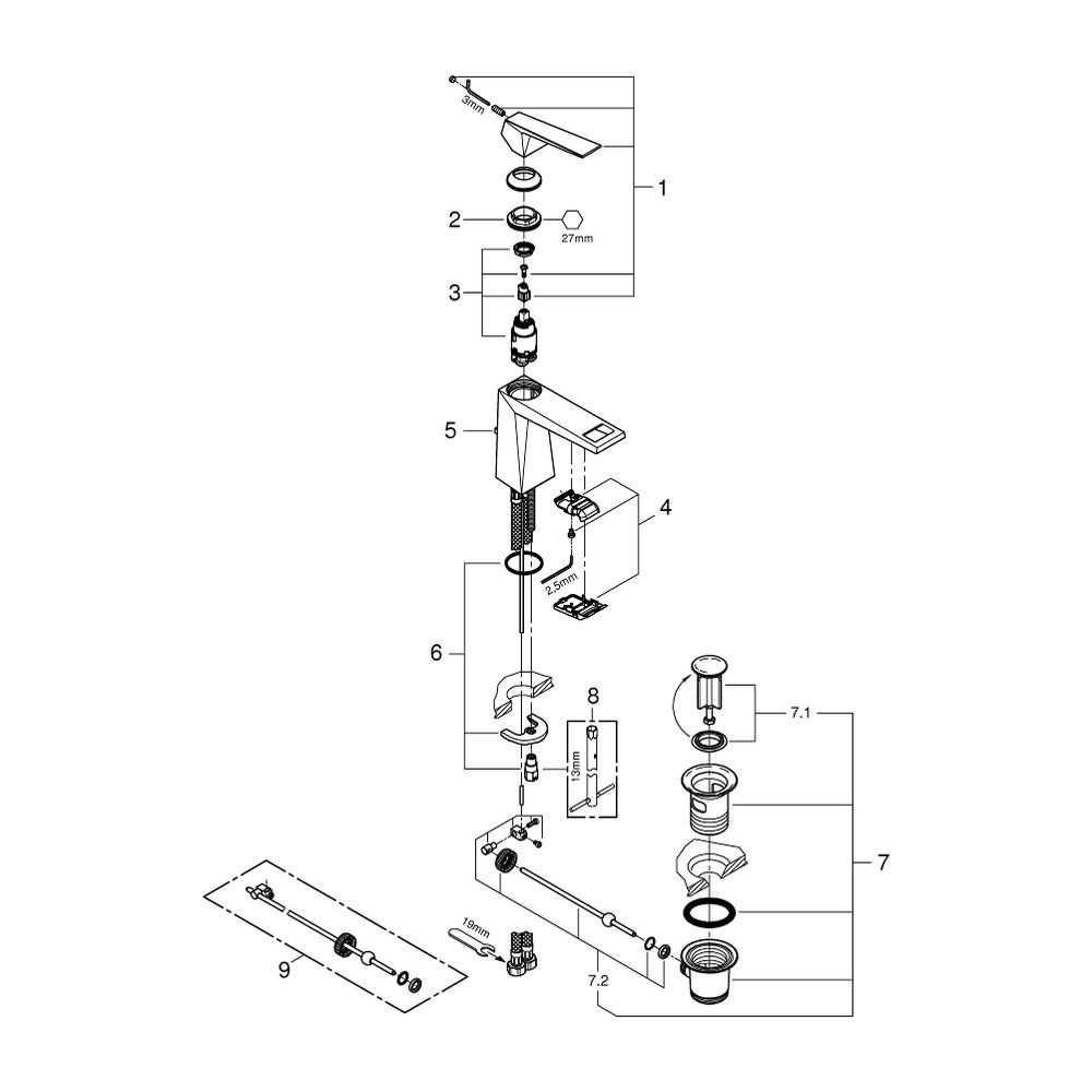 Grohe Allure Brilliant 1-Loch-Waschtischbatterie Einhand M-Size Supersteel, 1 1/4" Zugs... GROHE-24341DC0 4005176759680 (Abb. 5)