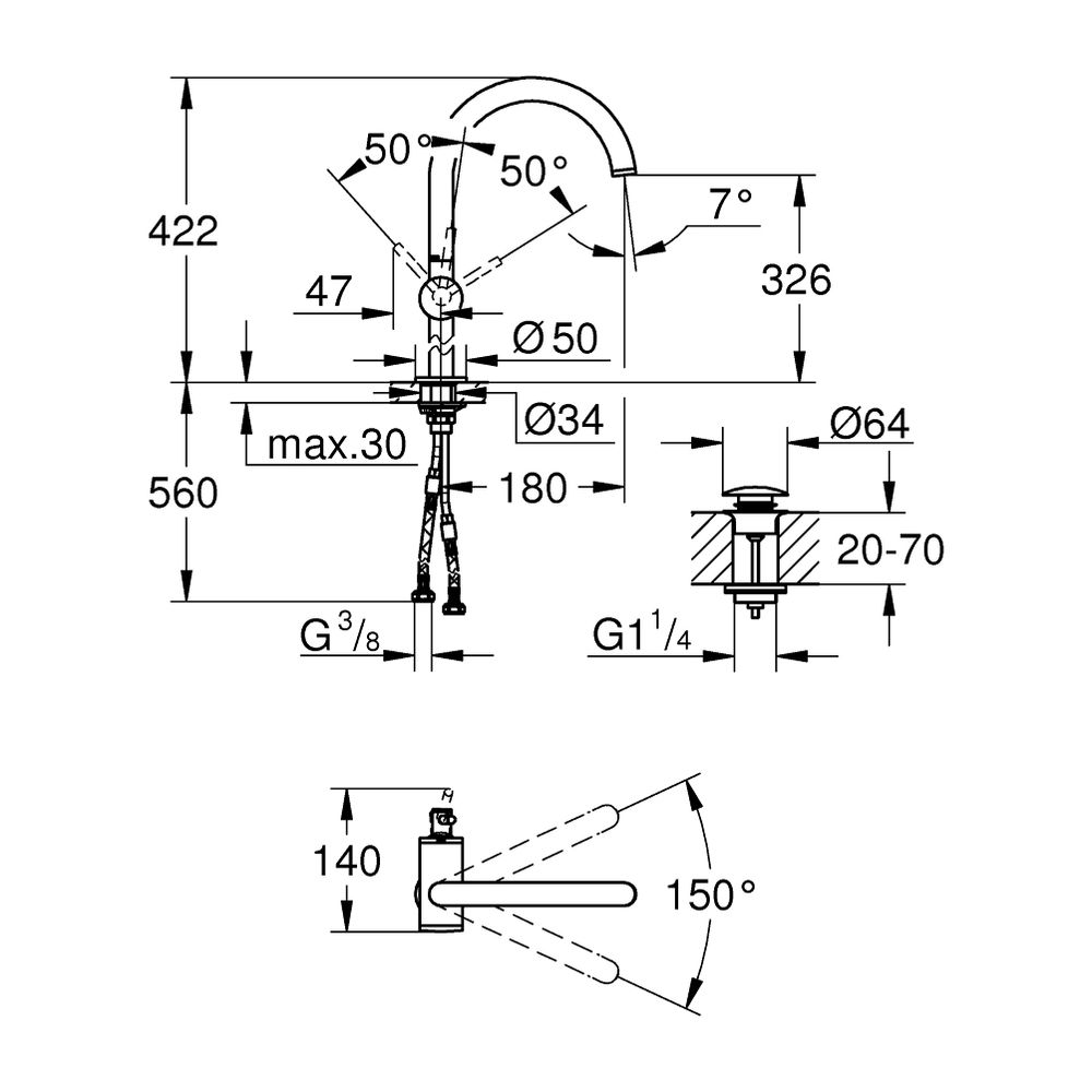 Grohe Atrio 1-Loch-Einhand-Waschtischbatterie, XL-Size, schwenkbarer Bogenauslauf, 1 1/... GROHE-24365AL0 4005176760983 (Abb. 7)