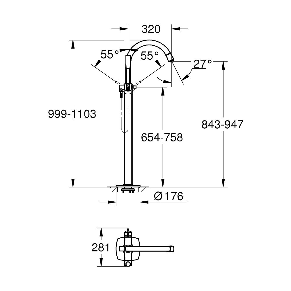 Grohe Grandera Einhand-Wannenbatterie, Chrom, Bodenmontage, Fertigmontageset für 45984,... GROHE-24375000 4005176758300 (Abb. 6)