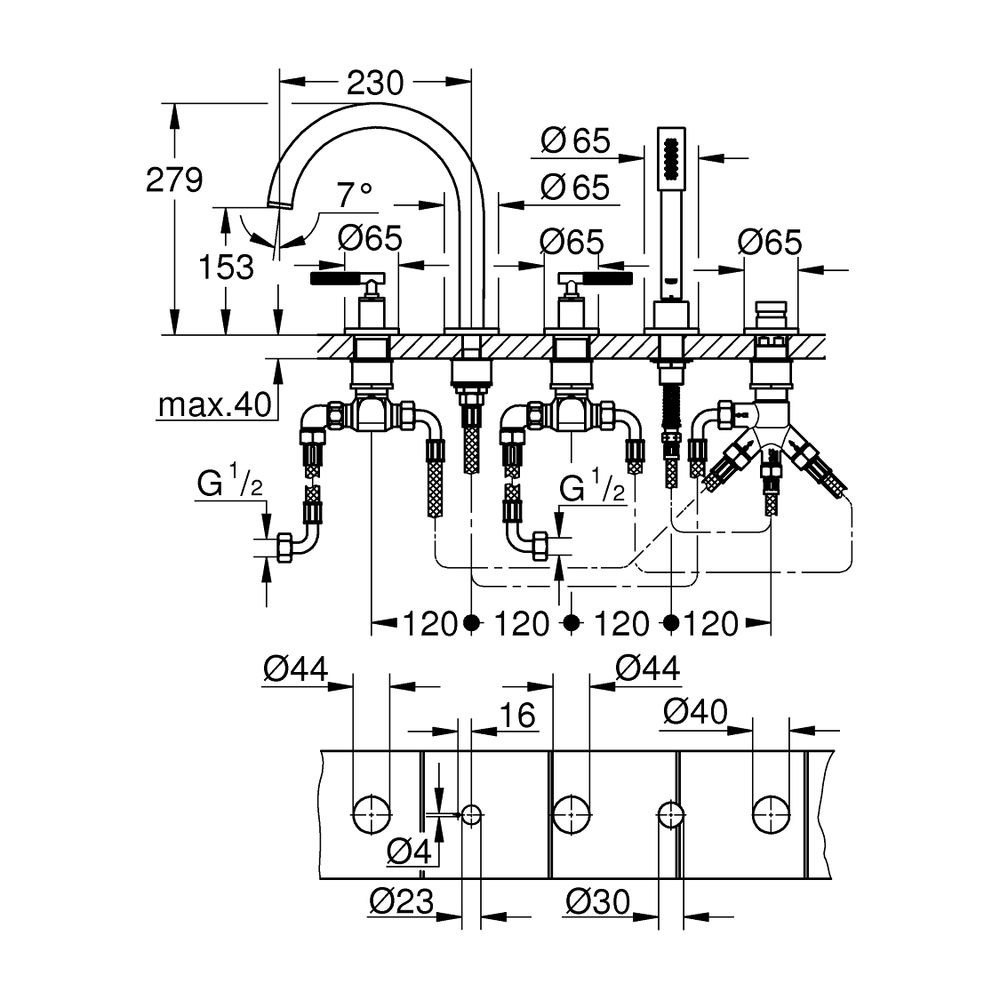 Grohe Atrio PC 5-Loch-Wannenkombination Warm Sunset für Hebelgriffe... GROHE-25224DA0 4005176508875 (Abb. 4)