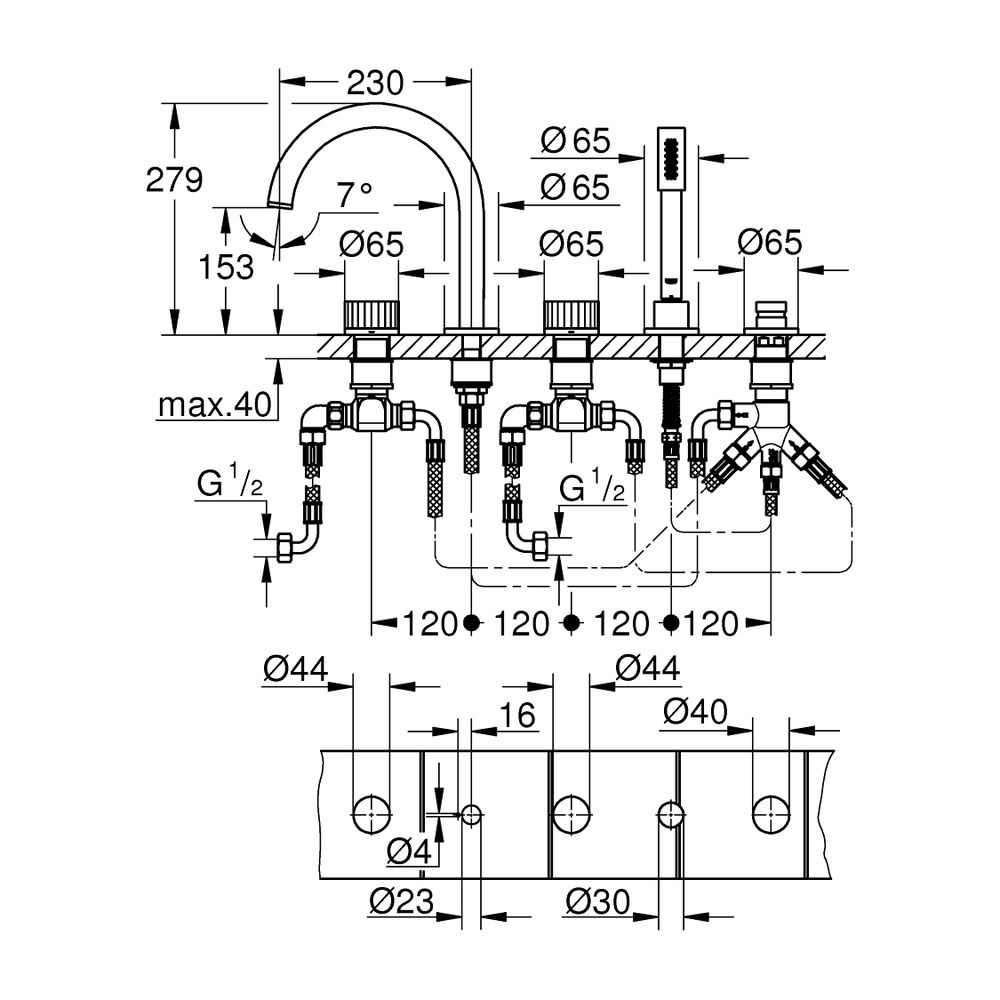 Grohe Atrio PC 5-Loch-Wannenkombination Cool Sunrise Knopfbetätigung mit Einlagen... GROHE-25226GL0 4005176508394 (Abb. 5)