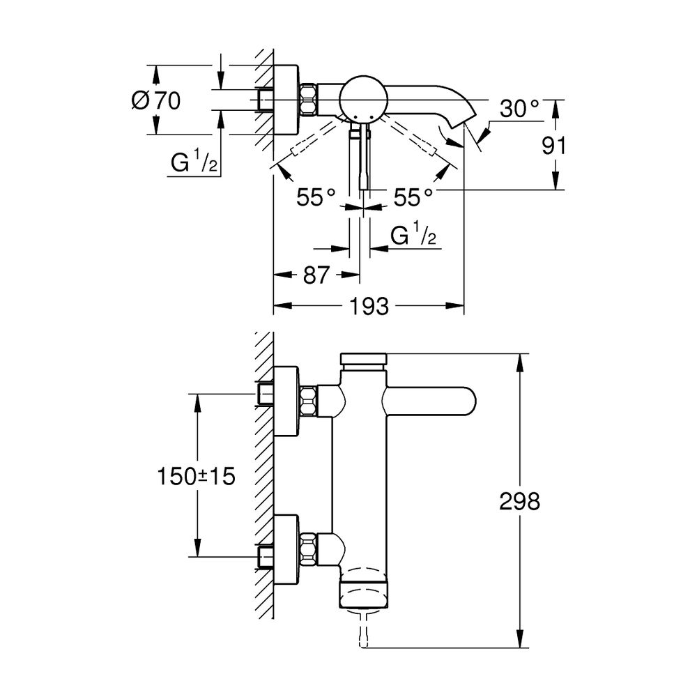 Grohe Essence 1-Loch-Einhand-Wannenbatterie Wandmontage, Phantom Black, Professional Ed... GROHE-25250KF1 4005176782404 (Abb. 3)