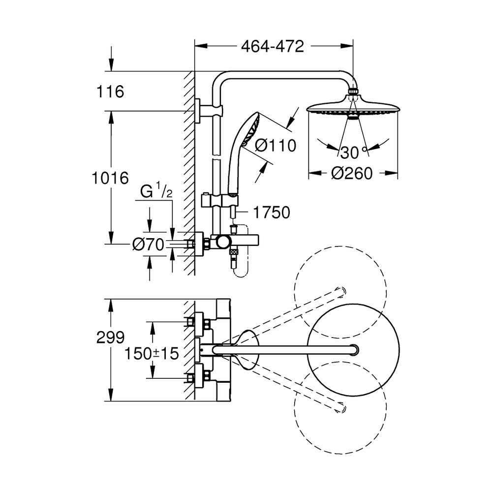 Grohe Vitalio Joy System 260 Duschsystem mit Thermostatbatterie für Wandmontage, 450mm ... GROHE-27860001 4005176982224 (Abb. 2)