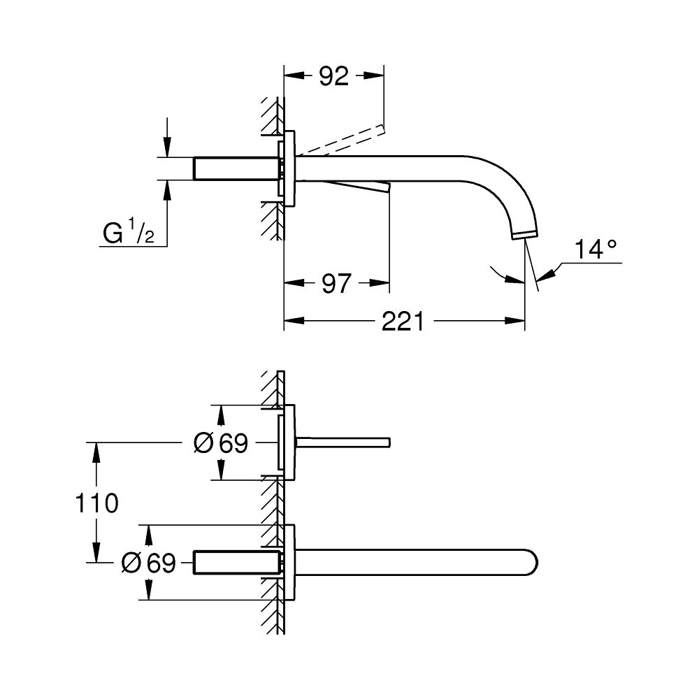 Grohe Atrio 2-Loch-Waschtisch-Wandbatterie Chrom, Fertigmontageset, Ausladung 221mm... GROHE-29406000 4005176762727 (Abb. 5)