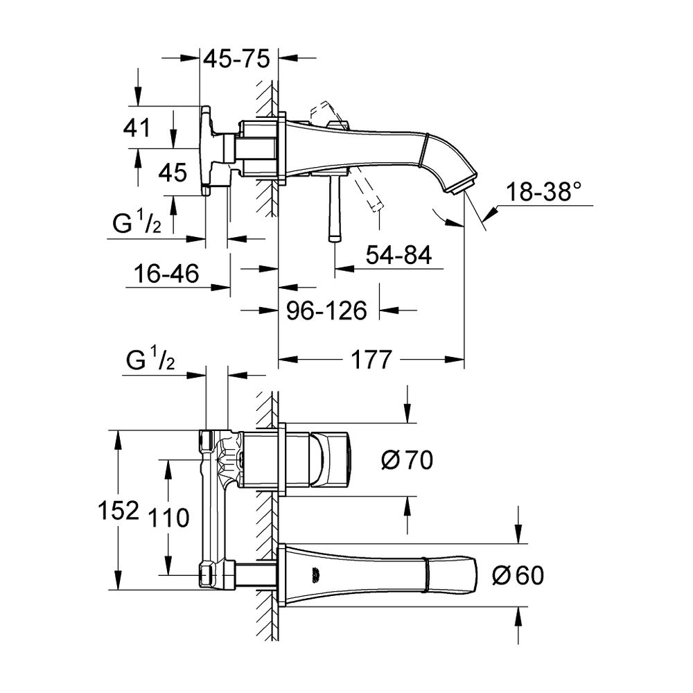 Grohe Grandera 2-Loch-Waschtischbatterie, Wandmontage, Ausladung 177mm, Chrom, Fertigmo... GROHE-29416000 4005176757778 (Abb. 5)