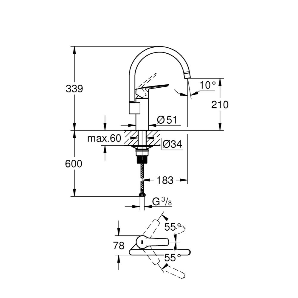 Grohe Start Einhand-Spültischbatterie 1/2", hoher C-Auslauf mit 150mm, QuickFix, Chrom,... GROHE-30469000 4005176635892 (Abb. 3)