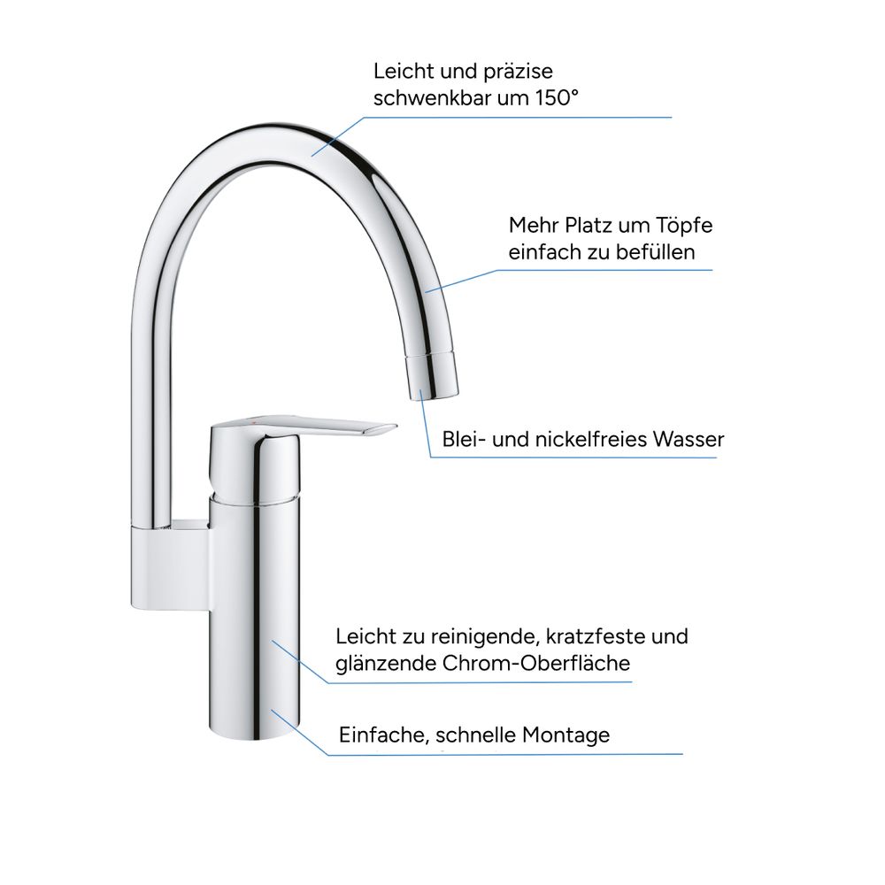 Grohe Start Einhand-Spültischbatterie 1/2", hoher C-Auslauf mit 150mm, QuickFix, Chrom,... GROHE-30469000 4005176635892 (Abb. 5)