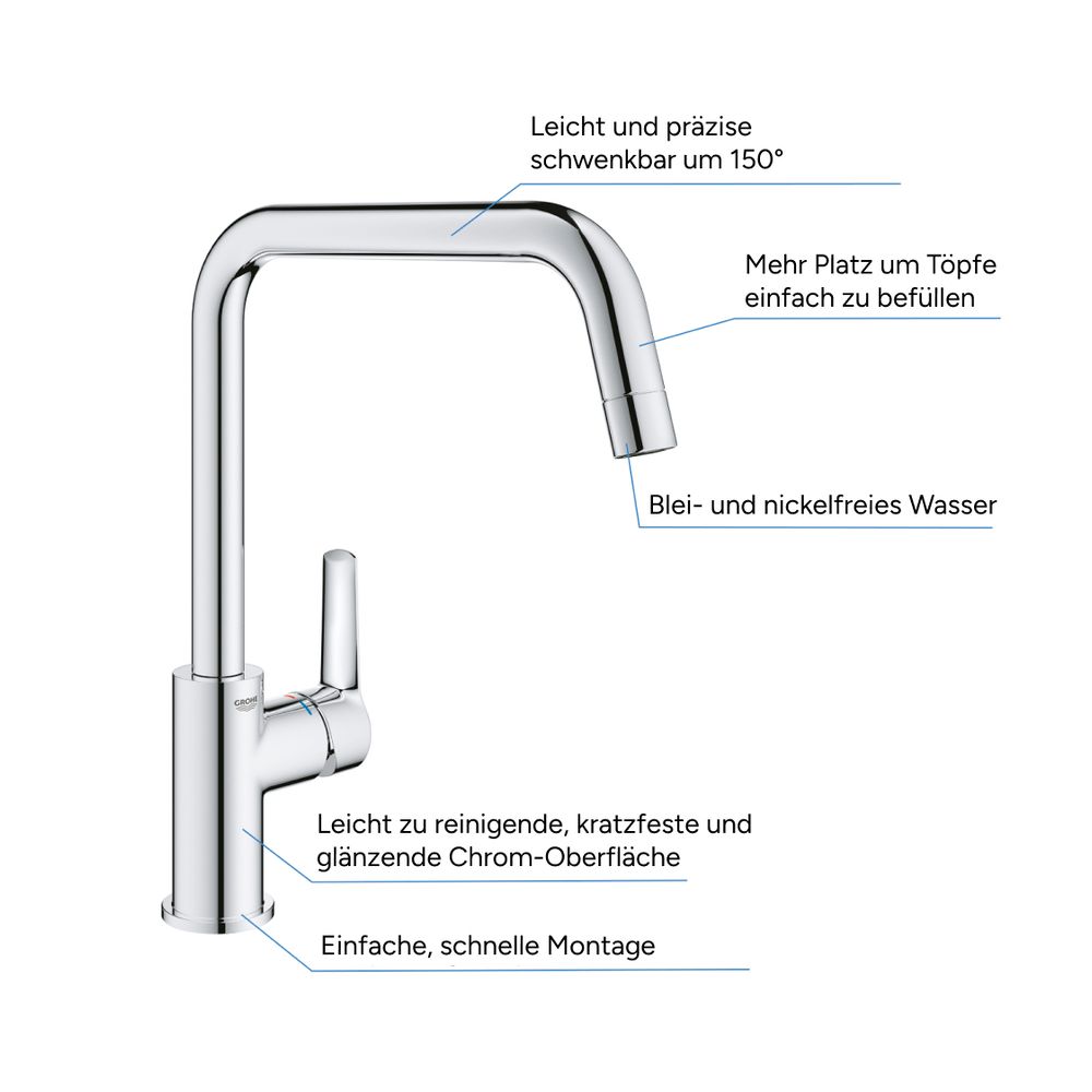 Grohe Start Einhand-Spültischbatterie 1/2", hoher U-Auslauf mit 150mm, QuickFix, Chrom,... GROHE-30470000 4005176635915 (Abb. 5)