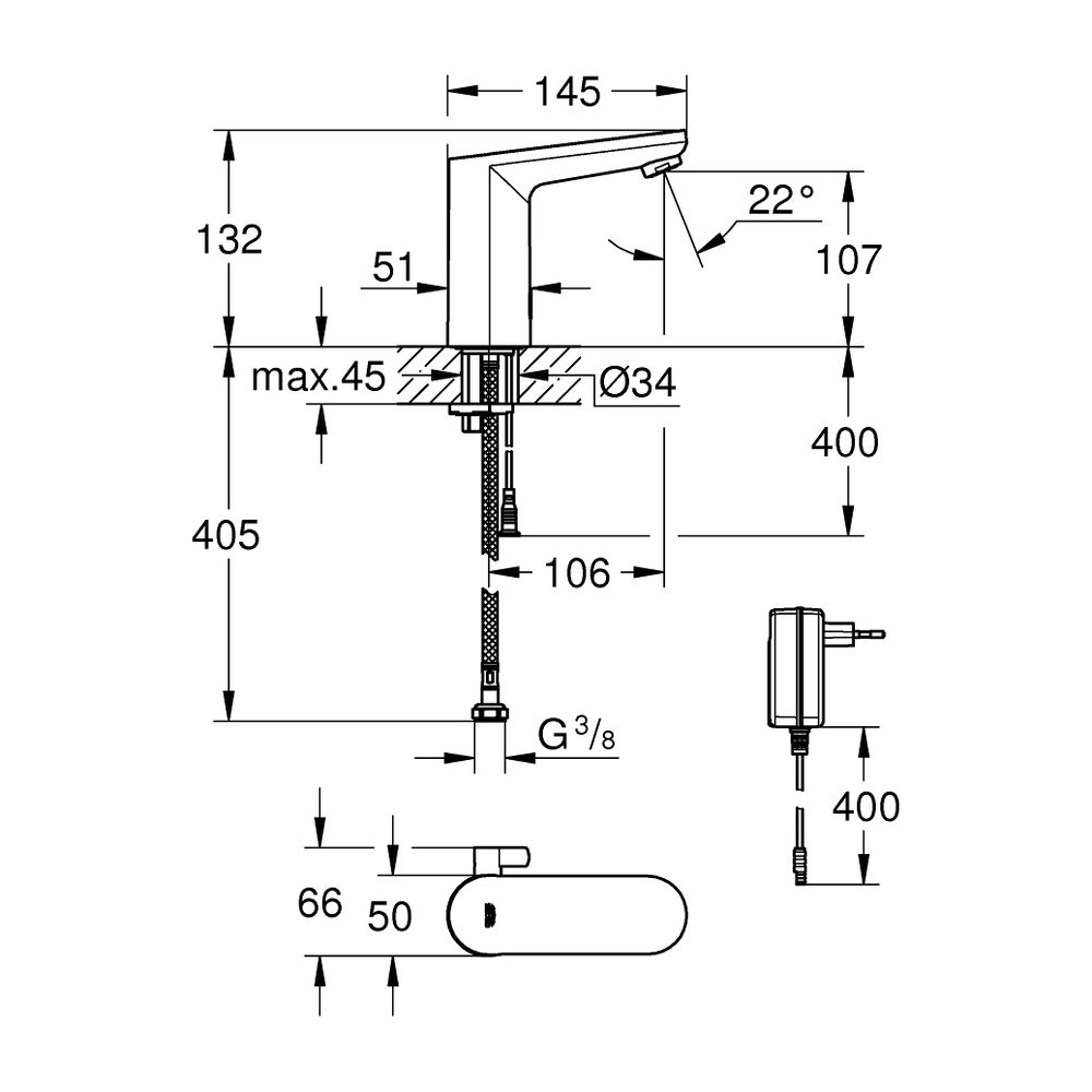 Grohe Infrarot-Elektronik für Waschtisch Eurosmart CE, M-Size, mit Mischung, Steckertra... GROHE-36325002 4005176318771 (Abb. 6)