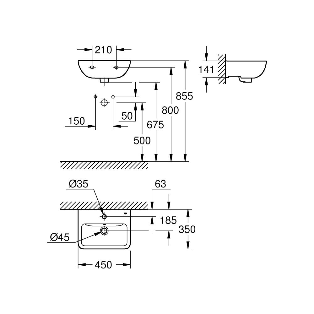 Grohe BauEdge Handwaschbecken Keramik wandhängend 450x350mm, Alpinweiß, 1 Hahnloch, mit... GROHE-39806000 4005176636462 (Abb. 9)