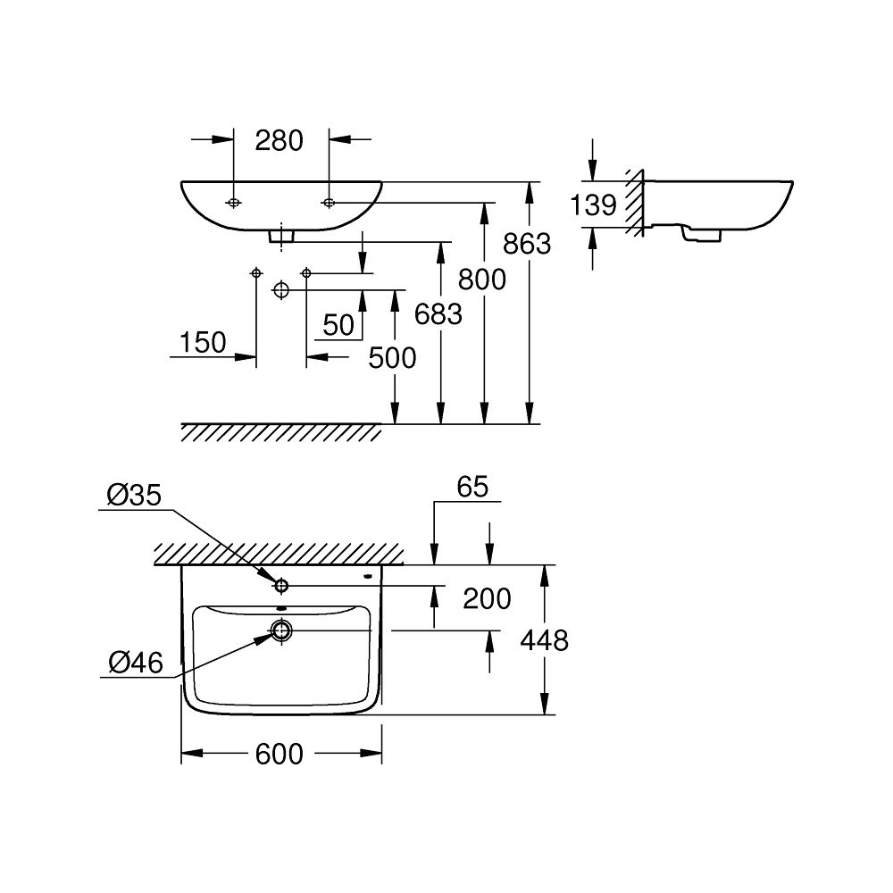 Grohe BauEdge Waschtisch Keramik wandhängend 600x448mm Alpinweiß, 1 Hahnloch, Überlauf... GROHE-39808000 4005176637087 (Abb. 7)