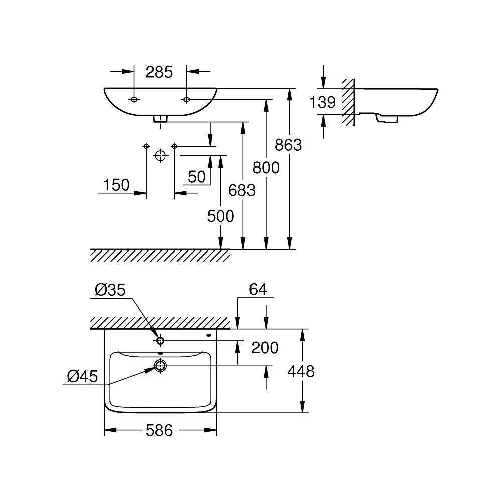 Grohe BauEdge Waschtisch Keramik wandhängend 600x448mm Alpinweiß, 1 Hahnloch, Überlauf... GROHE-39808000 4005176637087 (Abb. 6)