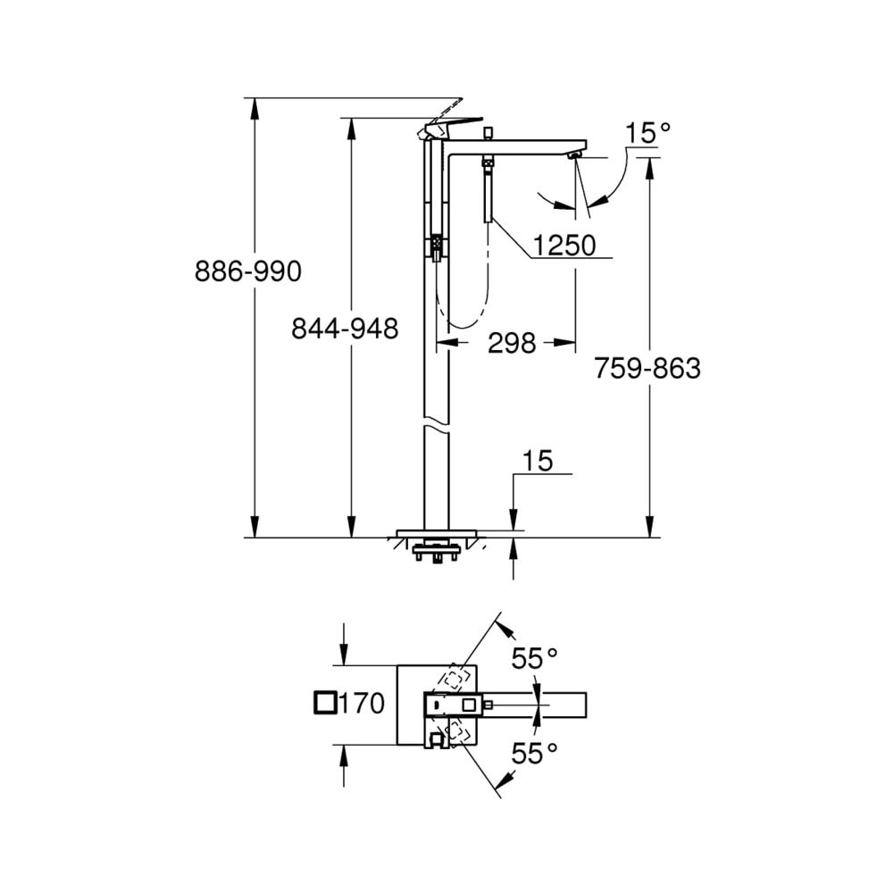 Grohe Eurocube Einhand-Wannenbatterie 1/2" Bodenmontage chrom 23672001... GROHE-23672001 4005176429002 (Abb. 6)