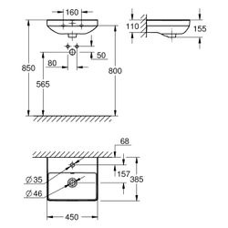 Grohe Euro Keramik Handwaschbecken, wandhängend, 450x385mm, 1 Hahnloch, mit Überlauf,... GROHE-102435SH00 4067393034575 (Abb. 1)