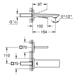 Grohe Allure 2-Loch-Waschtischbatterie, Wandmontage, Fertigmontageset, 154mm Ausladung,... GROHE-19309KF2 4067393056331 (Abb. 1)