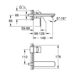 Grohe Lineare 2-Loch-Waschtischbatterie, Wandmontage, Fertigmontageset, 149mm Ausladung... GROHE-19409AL1 4005176586170 (Abb. 1)