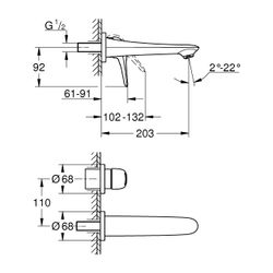 Grohe Eurostyle 2-Loch-Waschtischbatterie Wandmontage, Einhand, 203mm Ausladung, offene... GROHE-19571003 4005176334269 (Abb. 1)