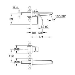 Grohe Eurocube 2-Loch-Waschtischbatterie, Wandmontage, Fertigmontageset, 231mm Ausladun... GROHE-19573002 4005176887659 (Abb. 1)