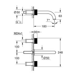 Grohe Atrio PC 3-Loch-Waschtisch-Wandbatterie, Fertigset für Knopfbetätigung, Ausladung... GROHE-20589DL0 4005176511578 (Abb. 1)