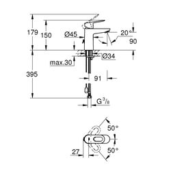Grohe BauLoop Einhand-Waschtischbatterie, DN 15, S-Size, 1-Loch-Montage, versenkbare Kette, Chrom, 2... GROHE-23336000  (Abb. 1)