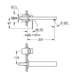 Grohe Eurocube 2-Loch-Waschtischbatterie, Wandmontage, Fertigmontageset, 231mm Ausladun... GROHE-23447DC0 4005176525025 (Abb. 1)