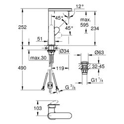 Grohe Plus Einhand-Waschtischbatterie, L-Size, 1-Loch-Montage, ausziehb. Auslauf, mit P... GROHE-23844004 4067393079545 (Abb. 1)