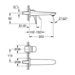 Grohe Eurostyle 2-Loch-Waschtischbatterie Wandmontage Einhand, 203mm Ausladung, geschlo... GROHE-29097003 4005176365133 (Abb. 1)
