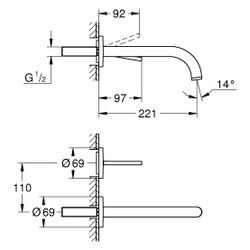Grohe Atrio 2-Loch-Waschtischbatterie, Wandmontage, Fertigmontageset, Ausladung 221mm, ... GROHE-29406KF0 4067393056621 (Abb. 1)