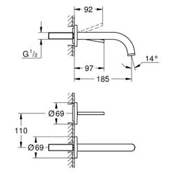 Grohe Atrio 2-Loch-Waschtischbatterie, Wandmontage, Fertigmontageset, Ausladung 185mm, ... GROHE-29410KF0 4067393056614 (Abb. 1)