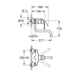 Grohe Eurosmart Einhand-Spültischbatterie, Wandmontage, Ausladung 217mm, Chrom, 31391002... GROHE-31391002  (Abb. 1)