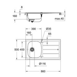 Grohe Edelstahlspüle K200 mit 1 Becken/Abtropffläche 860x500mm, Edelstahl, 31552SD0... GROHE-31552SD0  (Abb. 1)