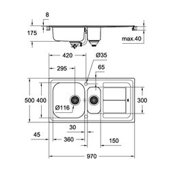 Grohe Edelstahlspüle K300 mit 1,5 Becken/Abtropffläche 970x500mm, Edelstahl, 31564SD0... GROHE-31564SD0  (Abb. 1)