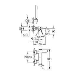 Grohe Plus Einhand-Wannenbatterie, Wandmontage, mit Euphoria Cube Brausegarnitur, Chrom... GROHE-33547003 4005176529818 (Abb. 1)