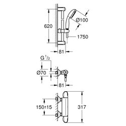 Grohe Grohtherm 1000 Thermostat-Brausebatterie 1/2" mit Tempesta Brausegarnitur II 600m... GROHE-34151004 4005176456664 (Abb. 1)
