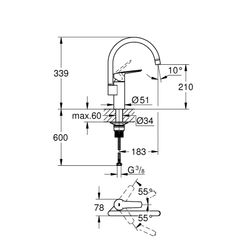Grohe Start Einhand-Spültischbatterie 1/2", hoher C-Auslauf mit 150mm, QuickFix, Chrom,... GROHE-30469000 4005176635892 (Abb. 1)